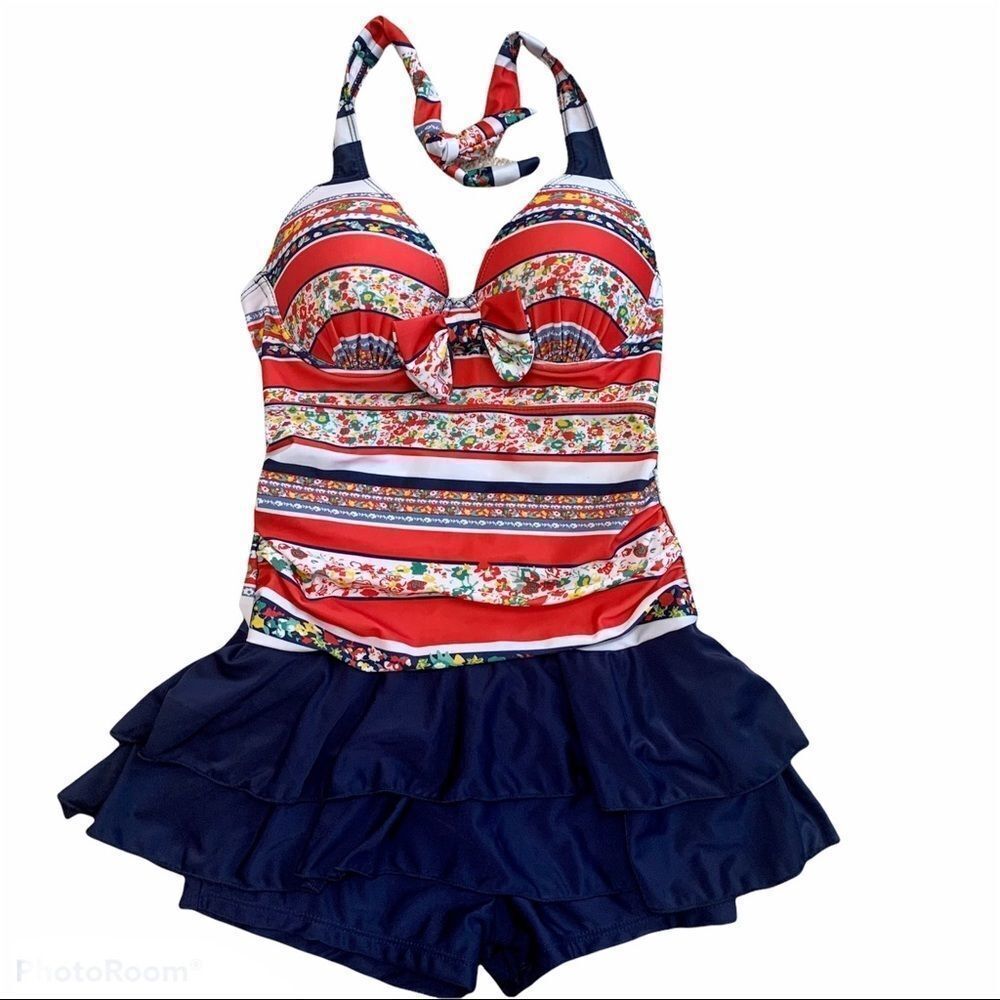 Red navy retro pinup vintage one piece swimsuit